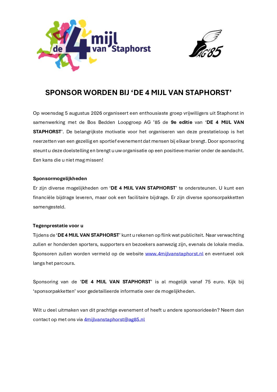 Sponsorpakketten '4 mijl van Staphorst' 2026